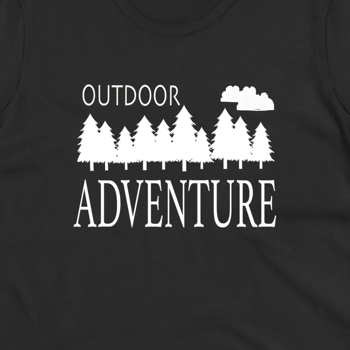 White silhouette of evergreen forest with cloud and bold text reading 'Outdoor Adventure' on gray background