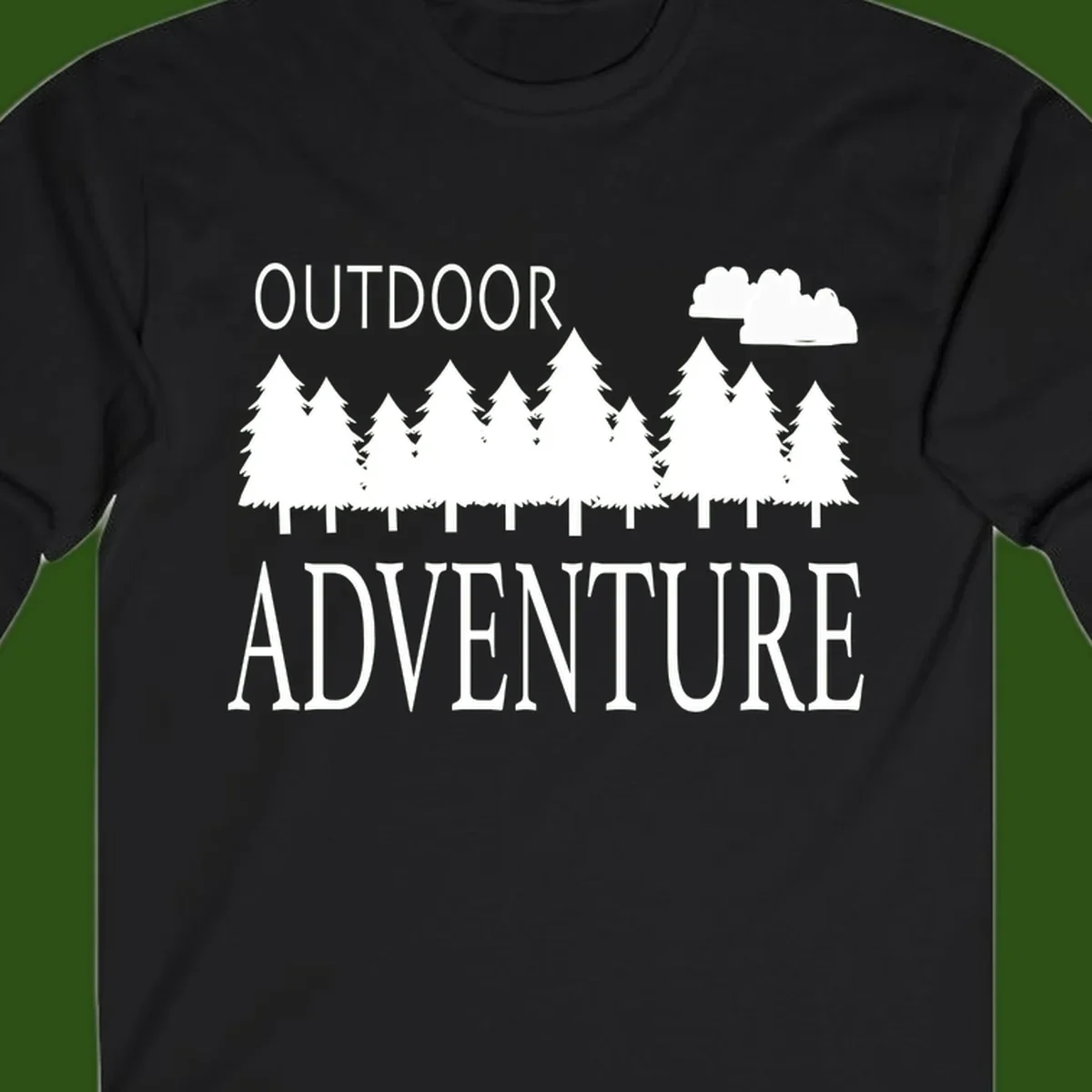 White silhouette of evergreen forest with cloud and bold text reading 'Outdoor Adventure' on gray background