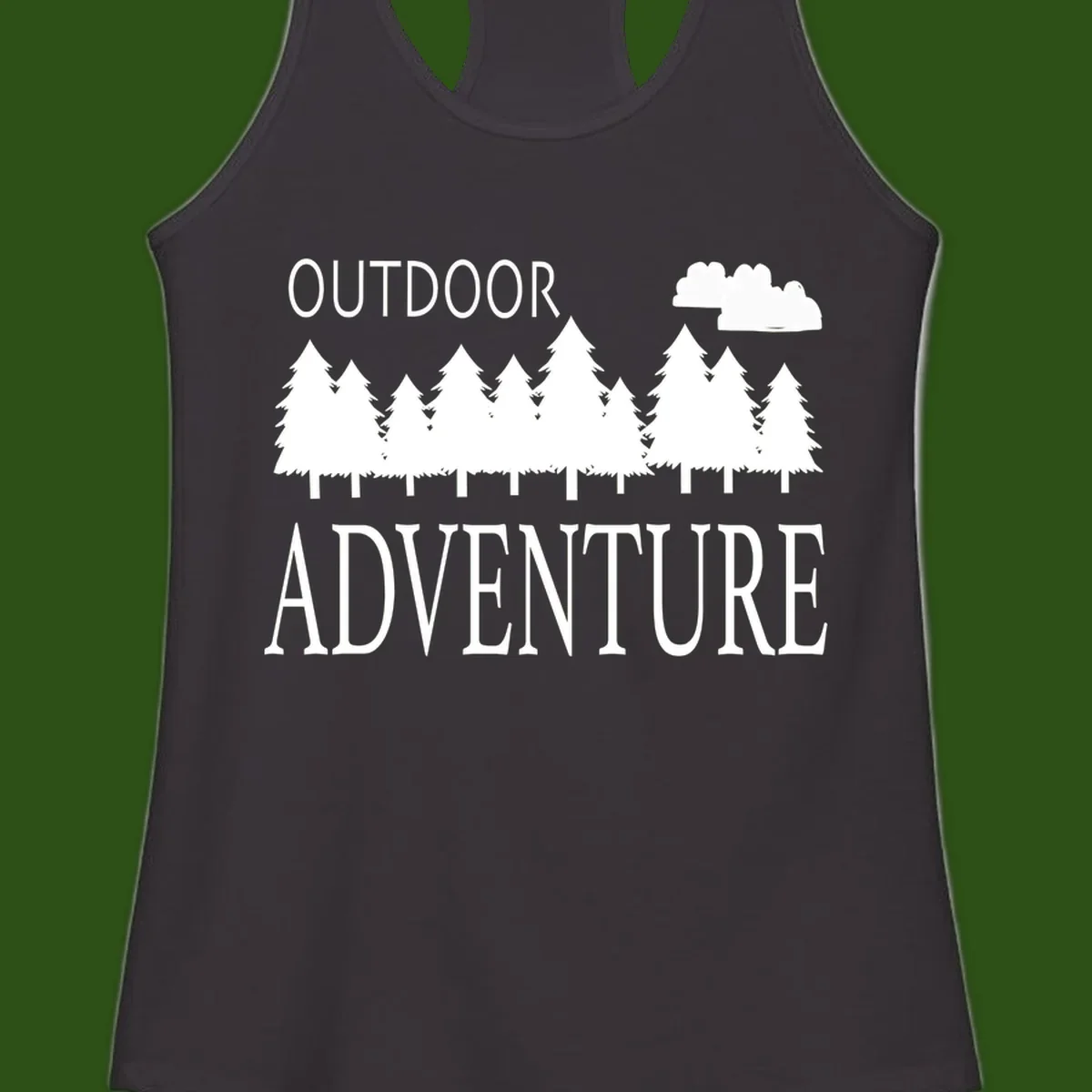 White silhouette of evergreen forest with cloud and bold text reading 'Outdoor Adventure' on gray background
