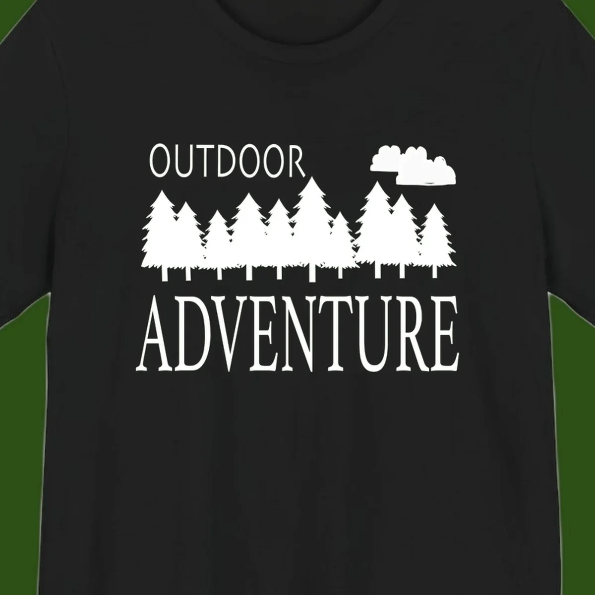 White silhouette of evergreen forest with cloud and bold text reading 'Outdoor Adventure' on gray background