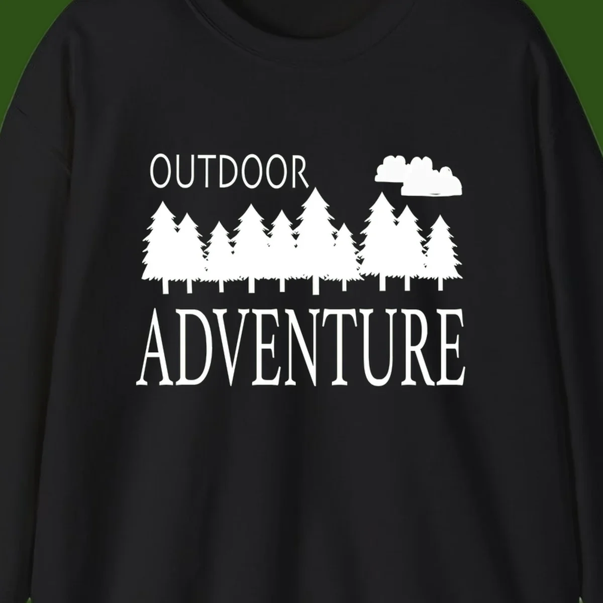 White silhouette of evergreen forest with cloud and bold text reading 'Outdoor Adventure' on gray background