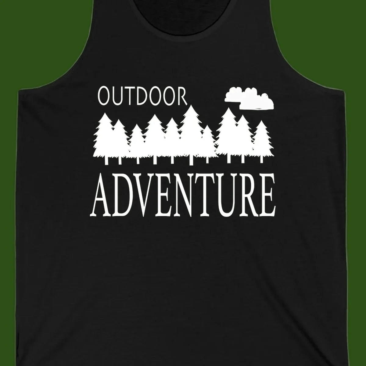 White silhouette of evergreen forest with cloud and bold text reading 'Outdoor Adventure' on gray background