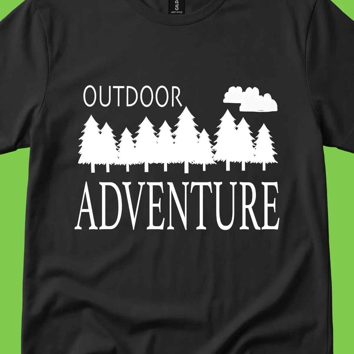 White silhouette of evergreen forest with cloud and bold text reading 'Outdoor Adventure' on gray background