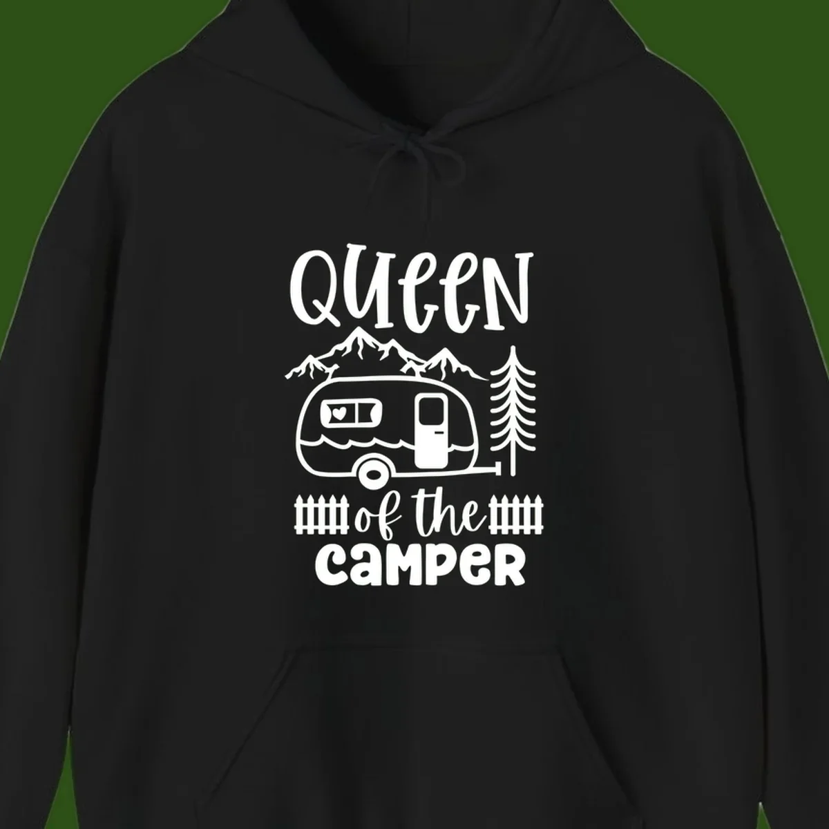 Queen of the Camper design featuring vintage trailer, mountains, and evergreen trees with bold text