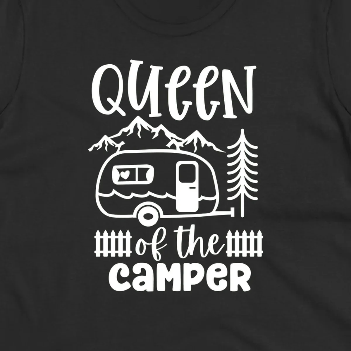 Queen of the Camper design featuring vintage trailer, mountains, and evergreen trees with bold text