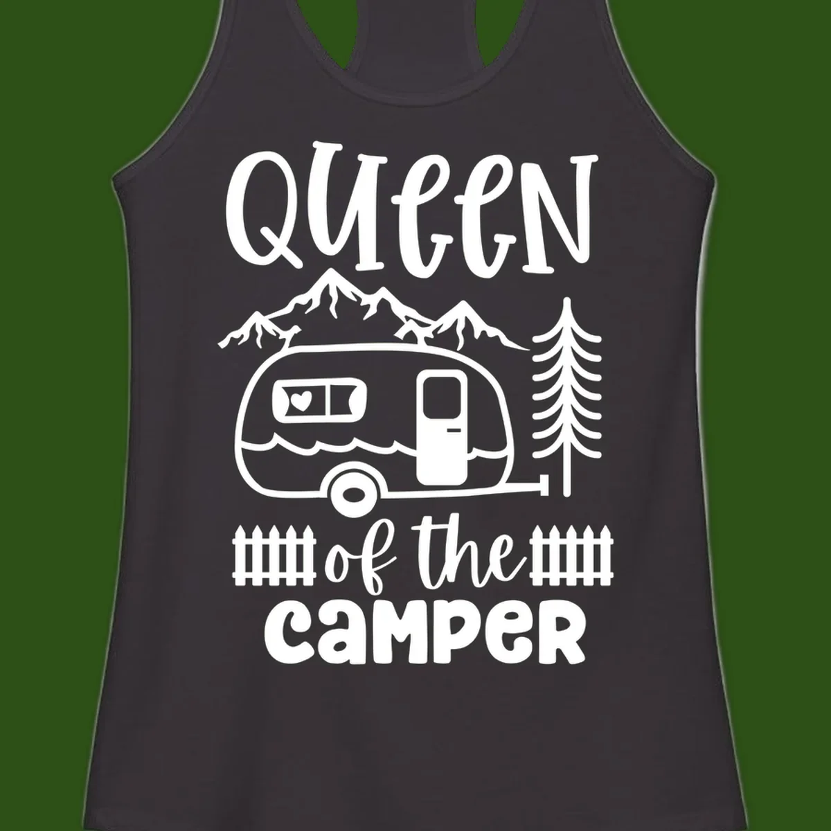 Queen of the Camper design featuring vintage trailer, mountains, and evergreen trees with bold text