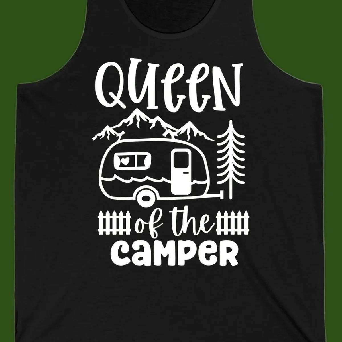 Queen of the Camper design featuring vintage trailer, mountains, and evergreen trees with bold text