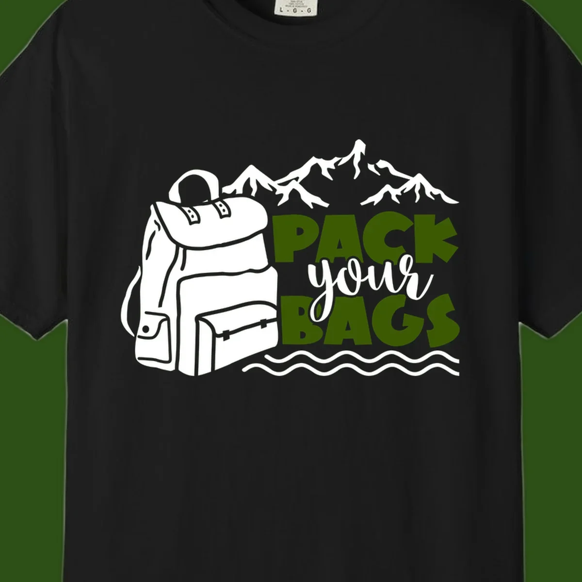 Hand-drawn backpack with snow-capped mountains and waves, green and white text reading 'Pack Your Bags' - camping adventure illustration