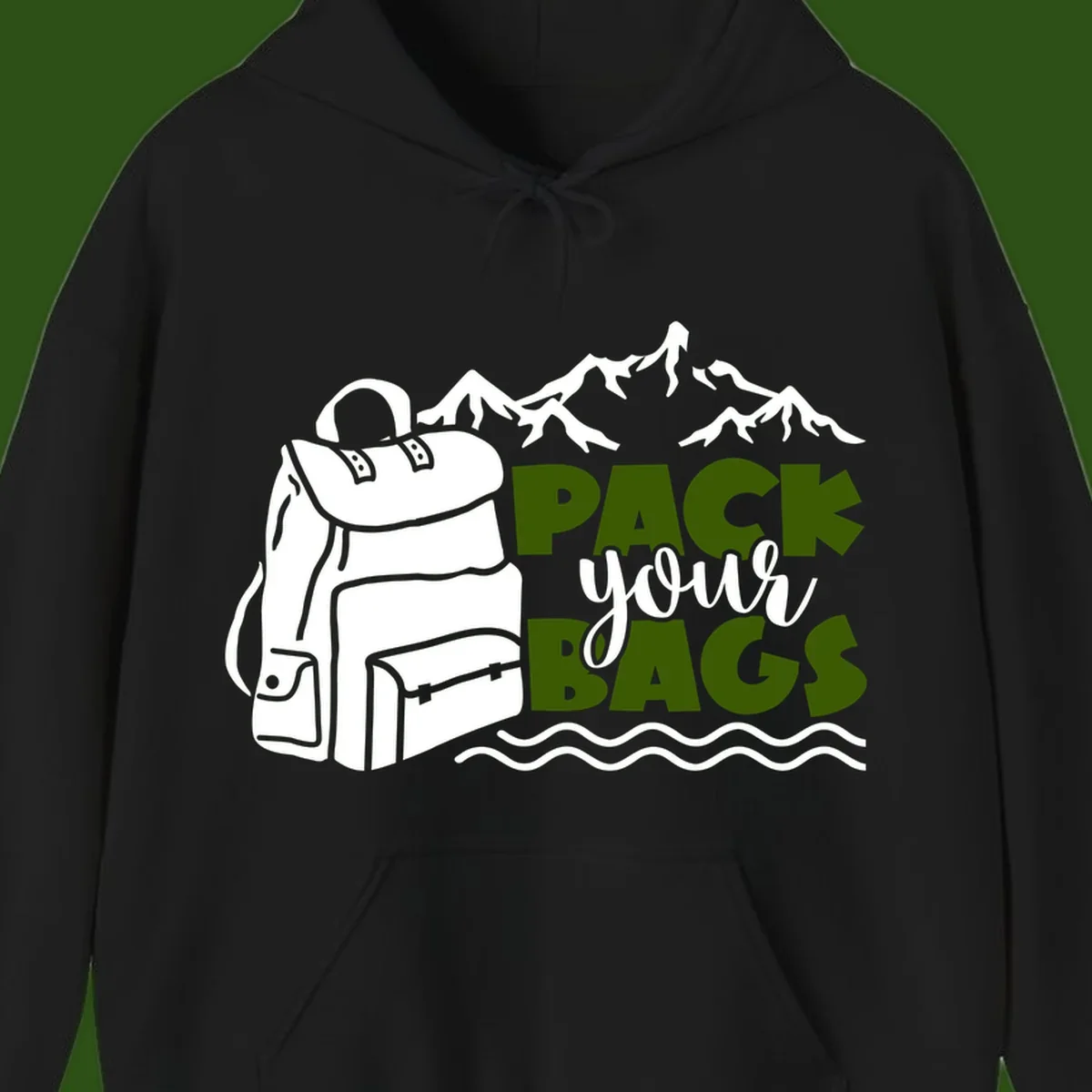 Hand-drawn backpack with snow-capped mountains and waves, green and white text reading 'Pack Your Bags' - camping adventure illustration