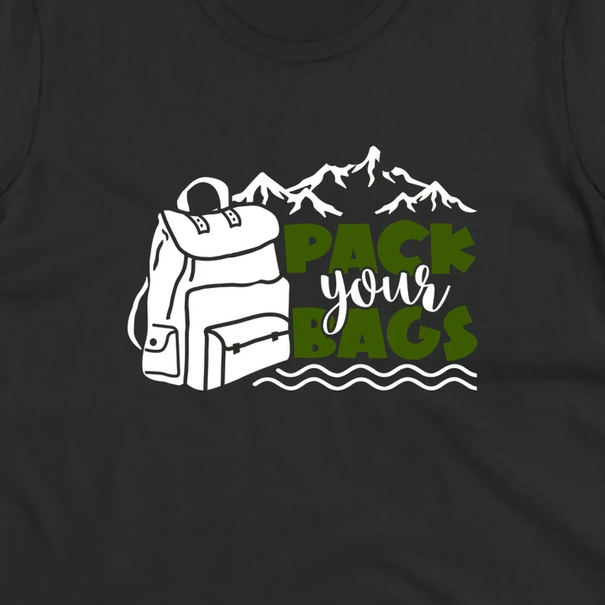 Hand-drawn backpack with snow-capped mountains and waves, green and white text reading 'Pack Your Bags' - camping adventure illustration