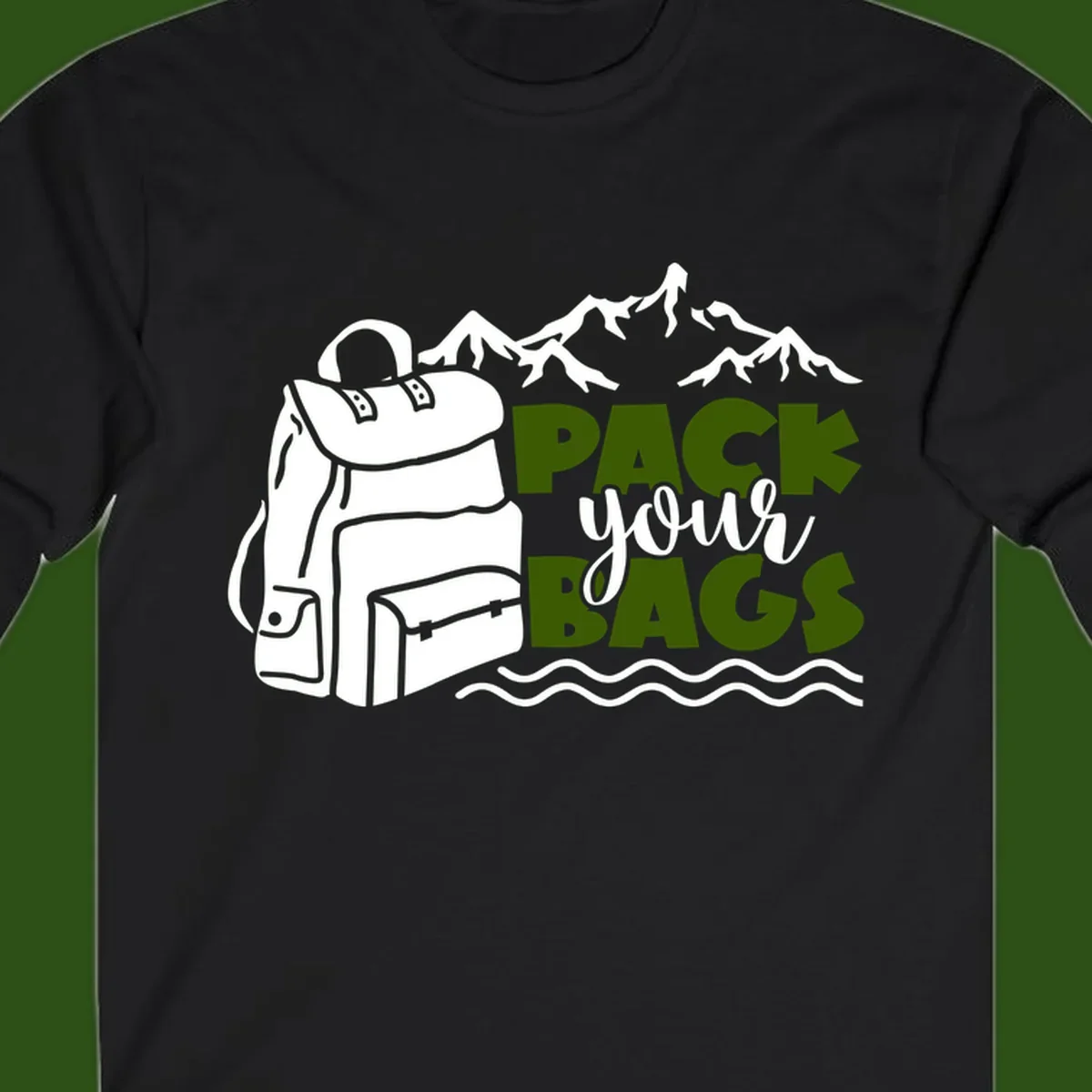Hand-drawn backpack with snow-capped mountains and waves, green and white text reading 'Pack Your Bags' - camping adventure illustration