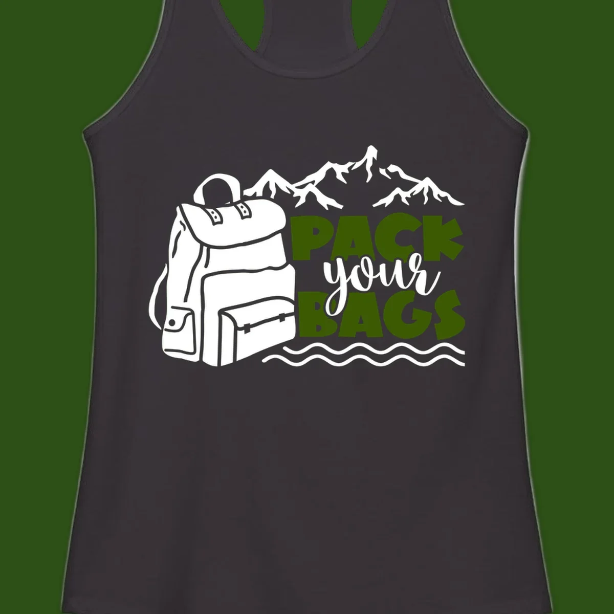 Hand-drawn backpack with snow-capped mountains and waves, green and white text reading 'Pack Your Bags' - camping adventure illustration