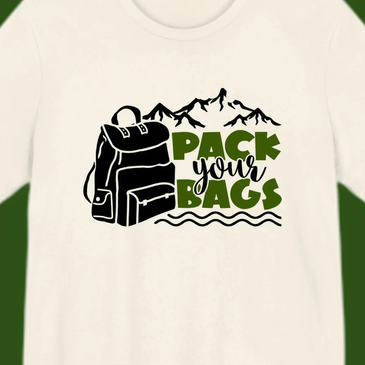 Hand-drawn backpack with snow-capped mountains and waves, green and white text reading 'Pack Your Bags' - camping adventure illustration