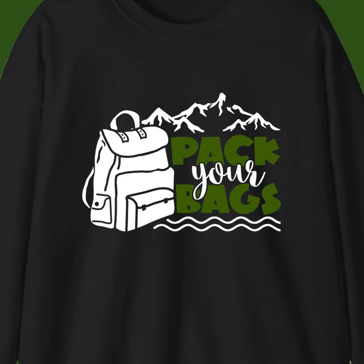 Hand-drawn backpack with snow-capped mountains and waves, green and white text reading 'Pack Your Bags' - camping adventure illustration