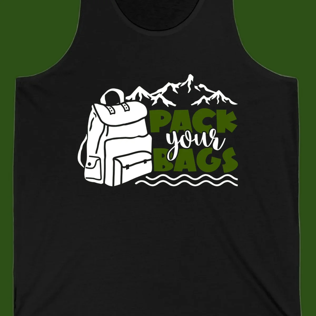 Hand-drawn backpack with snow-capped mountains and waves, green and white text reading 'Pack Your Bags' - camping adventure illustration