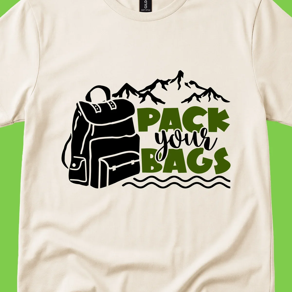 Hand-drawn backpack with snow-capped mountains and waves, green and white text reading 'Pack Your Bags' - camping adventure illustration