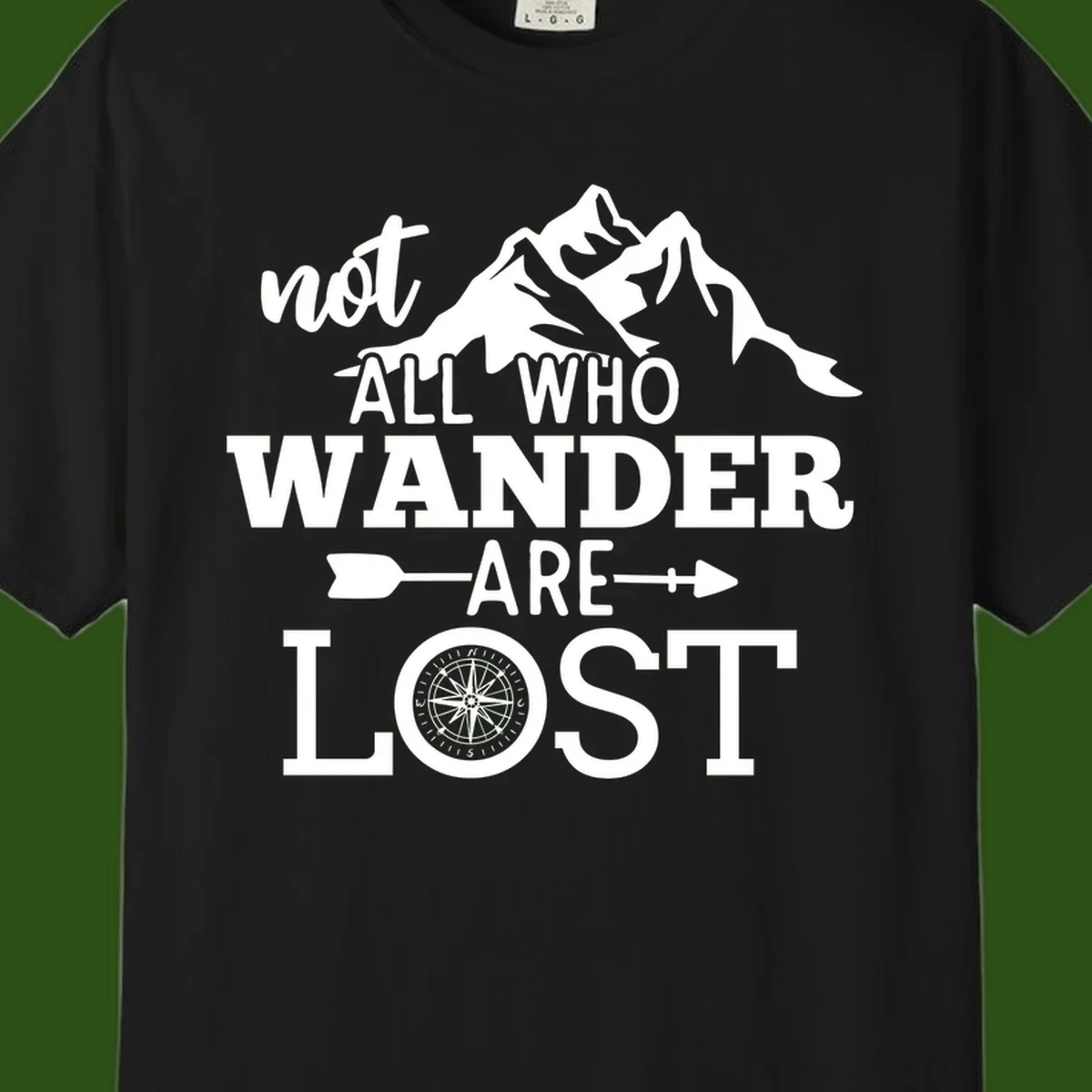 White mountain silhouette with compass rose and arrows, text reads 'not ALL WHO WANDER ARE LOST' on gray background