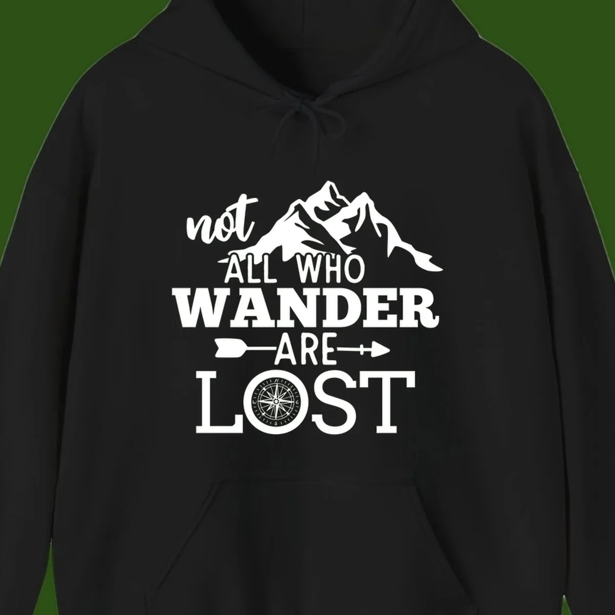 White mountain silhouette with compass rose and arrows, text reads 'not ALL WHO WANDER ARE LOST' on gray background