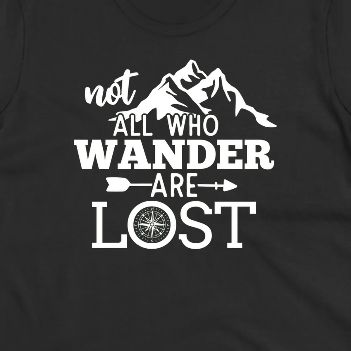 White mountain silhouette with compass rose and arrows, text reads 'not ALL WHO WANDER ARE LOST' on gray background