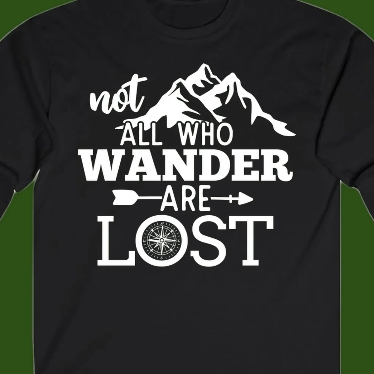 White mountain silhouette with compass rose and arrows, text reads 'not ALL WHO WANDER ARE LOST' on gray background