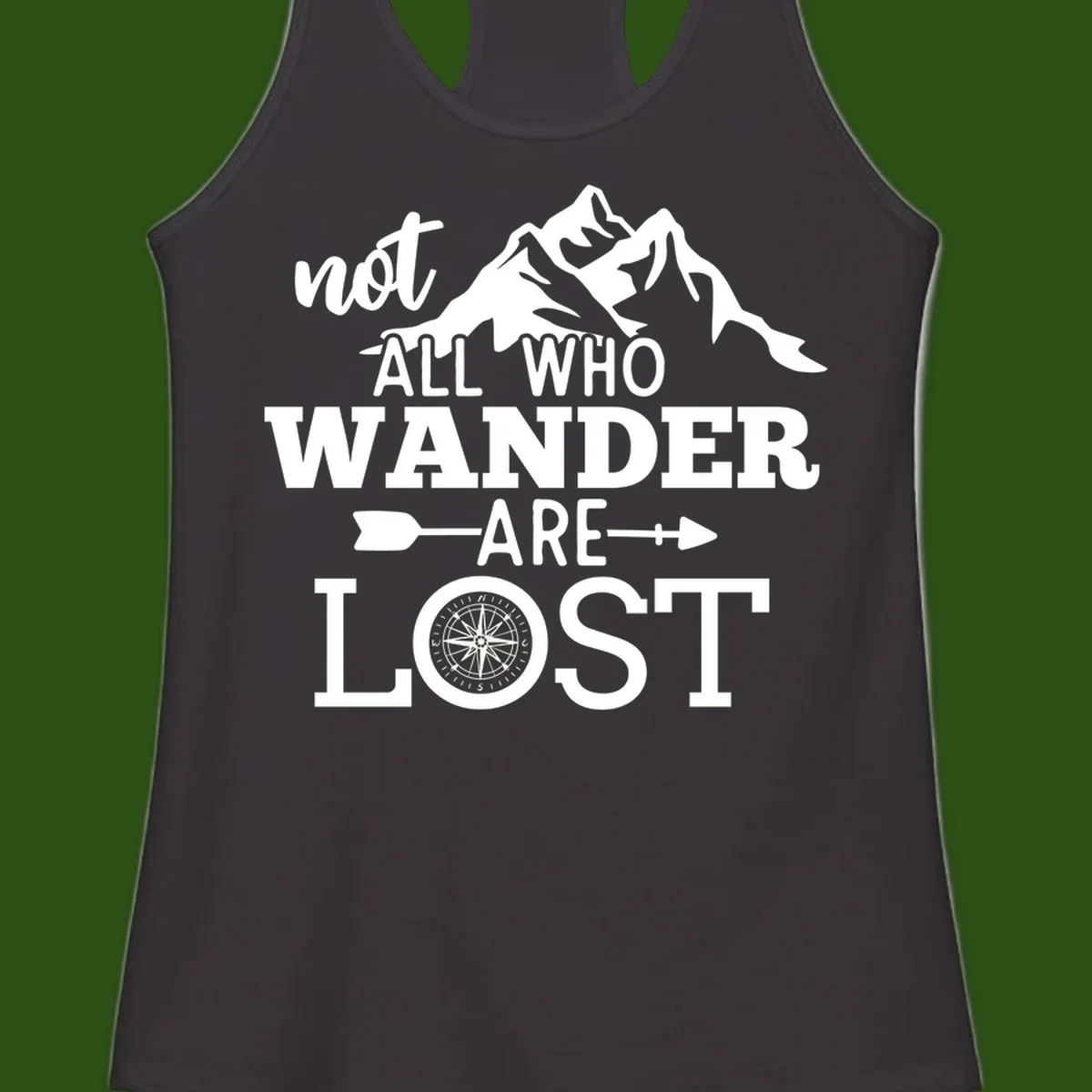 White mountain silhouette with compass rose and arrows, text reads 'not ALL WHO WANDER ARE LOST' on gray background