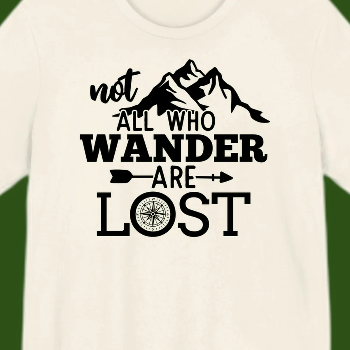White mountain silhouette with compass rose and arrows, text reads 'not ALL WHO WANDER ARE LOST' on gray background