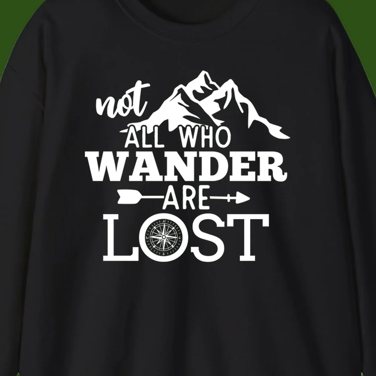 White mountain silhouette with compass rose and arrows, text reads 'not ALL WHO WANDER ARE LOST' on gray background