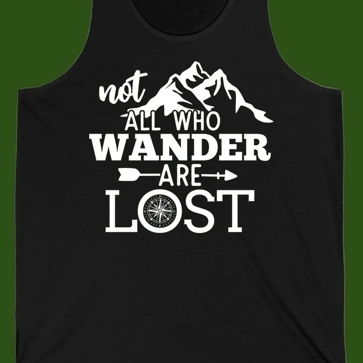 White mountain silhouette with compass rose and arrows, text reads 'not ALL WHO WANDER ARE LOST' on gray background