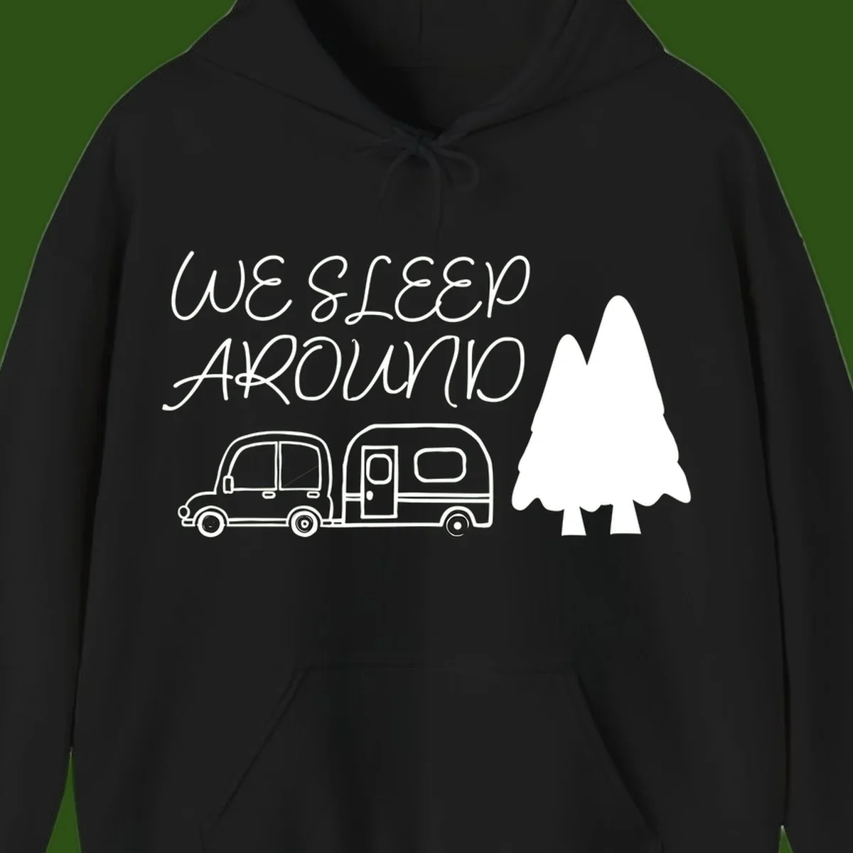 Line art design with 'We Sleep Around' text, car towing trailer, and evergreen tree on gray background