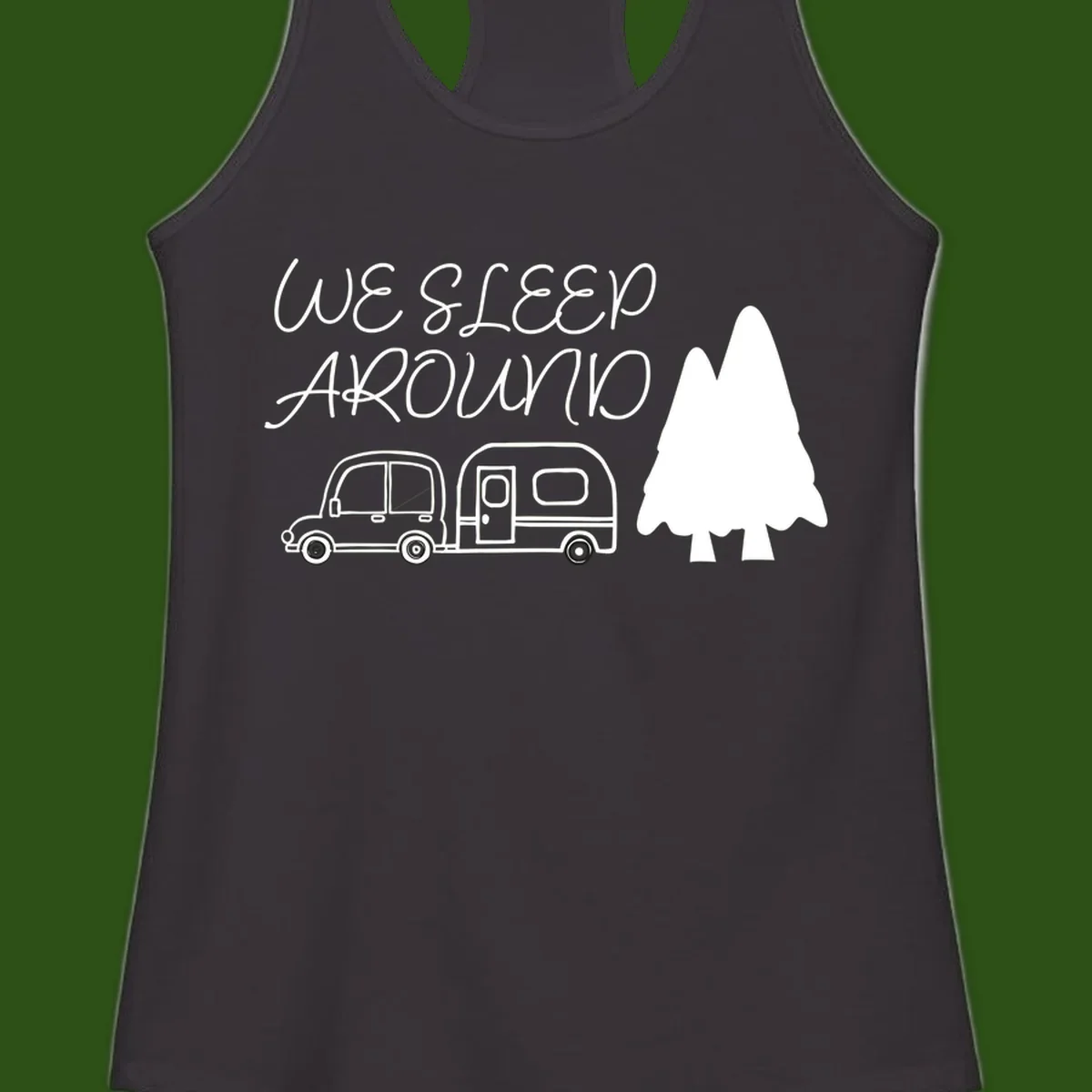 Line art design with 'We Sleep Around' text, car towing trailer, and evergreen tree on gray background