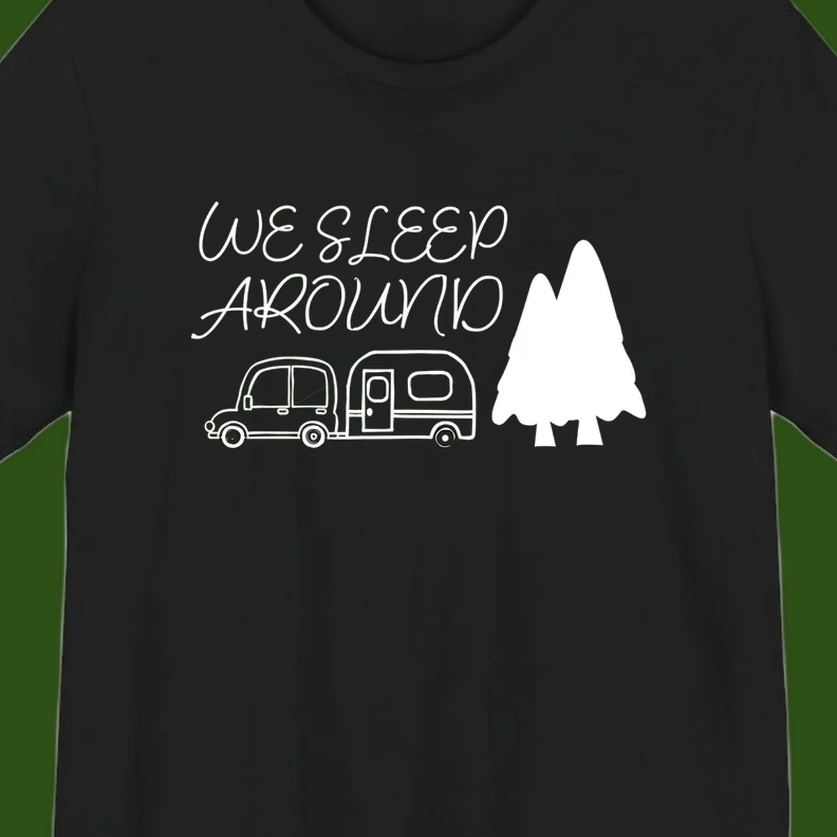 Line art design with 'We Sleep Around' text, car towing trailer, and evergreen tree on gray background