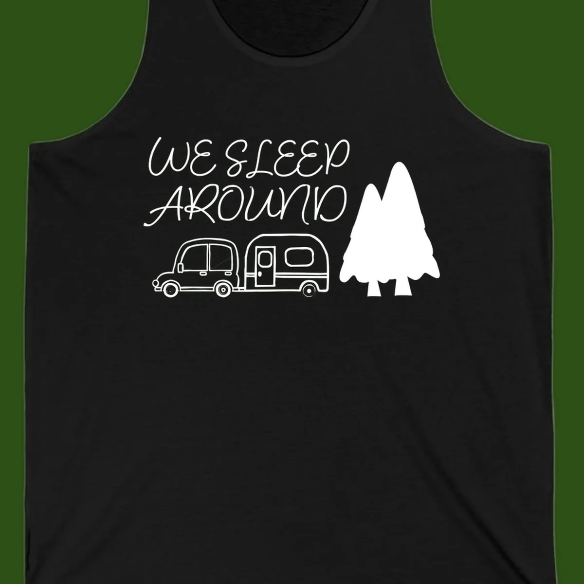 Line art design with 'We Sleep Around' text, car towing trailer, and evergreen tree on gray background