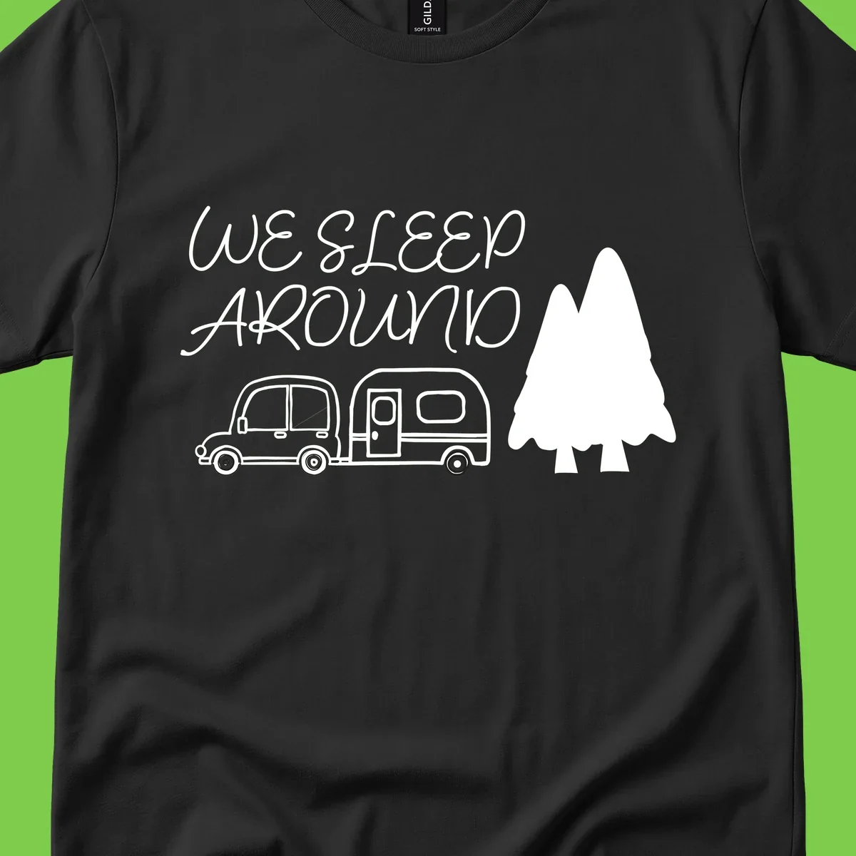 Line art design with 'We Sleep Around' text, car towing trailer, and evergreen tree on gray background