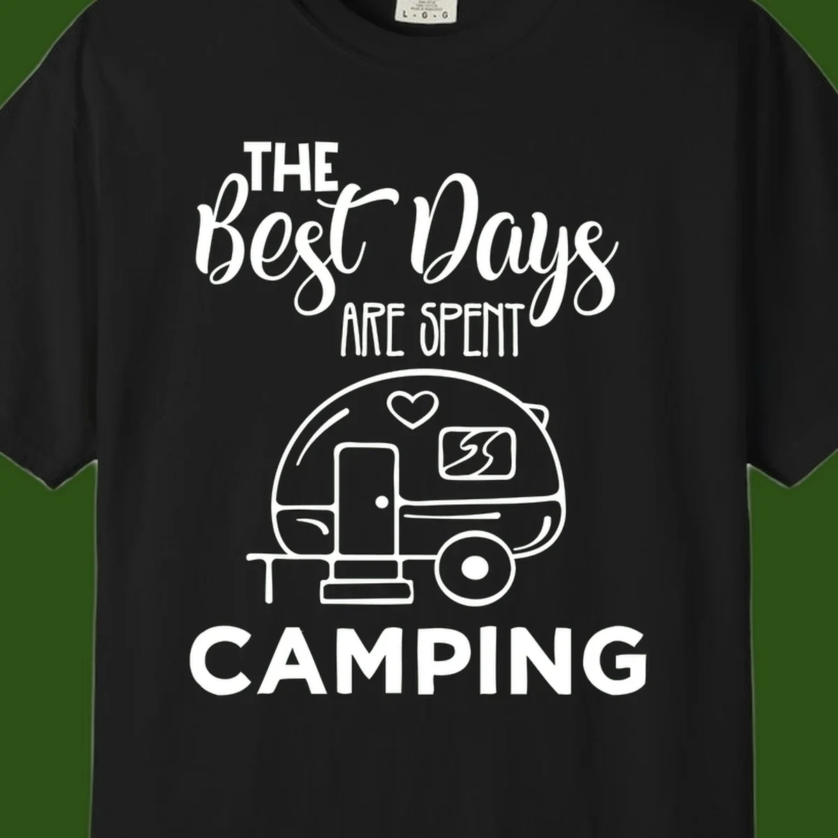 Best days camping design with vintage travel trailer, heart, and picnic table illustration with text