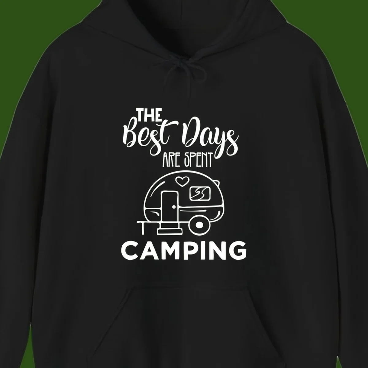 Best days camping design with vintage travel trailer, heart, and picnic table illustration with text