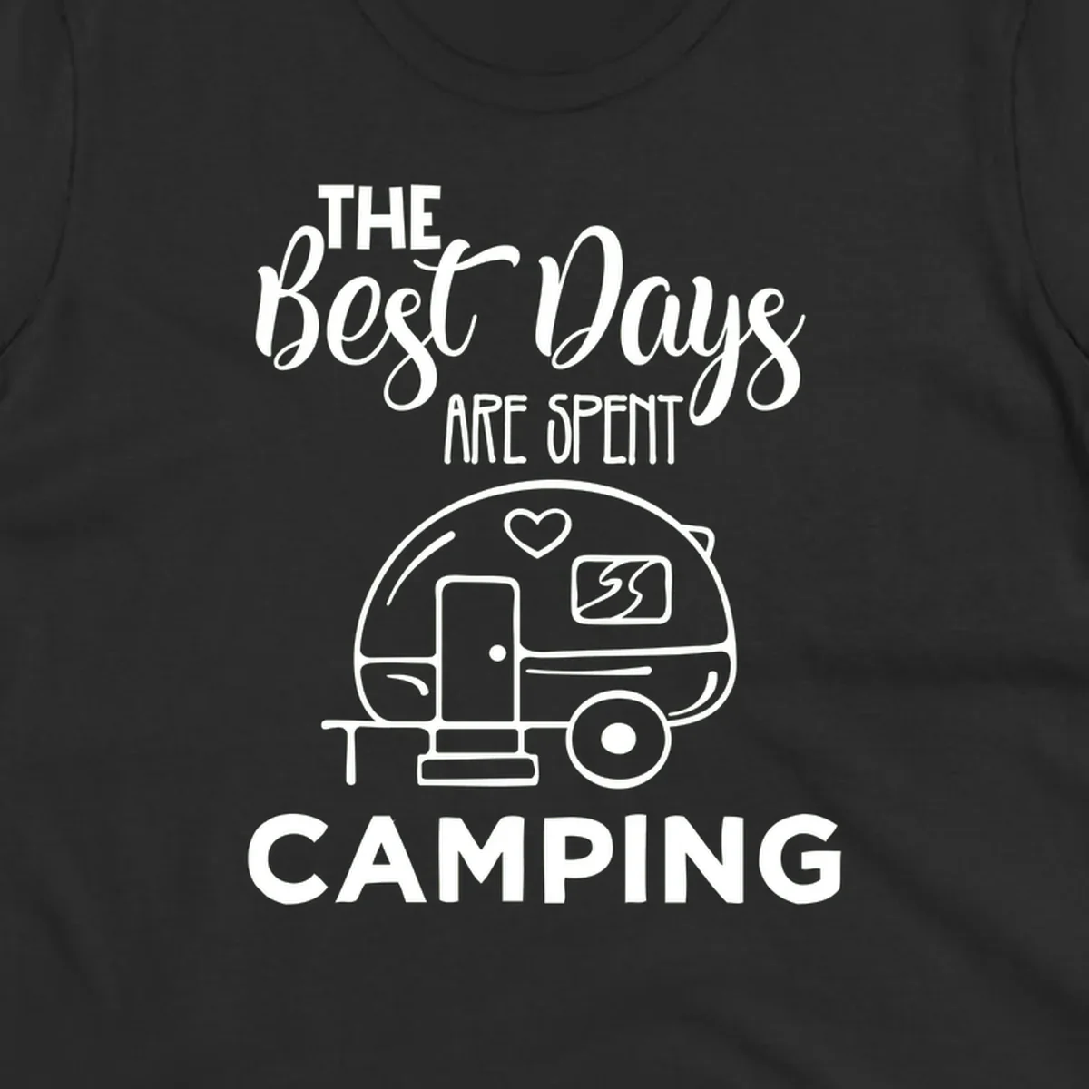 Best days camping design with vintage travel trailer, heart, and picnic table illustration with text