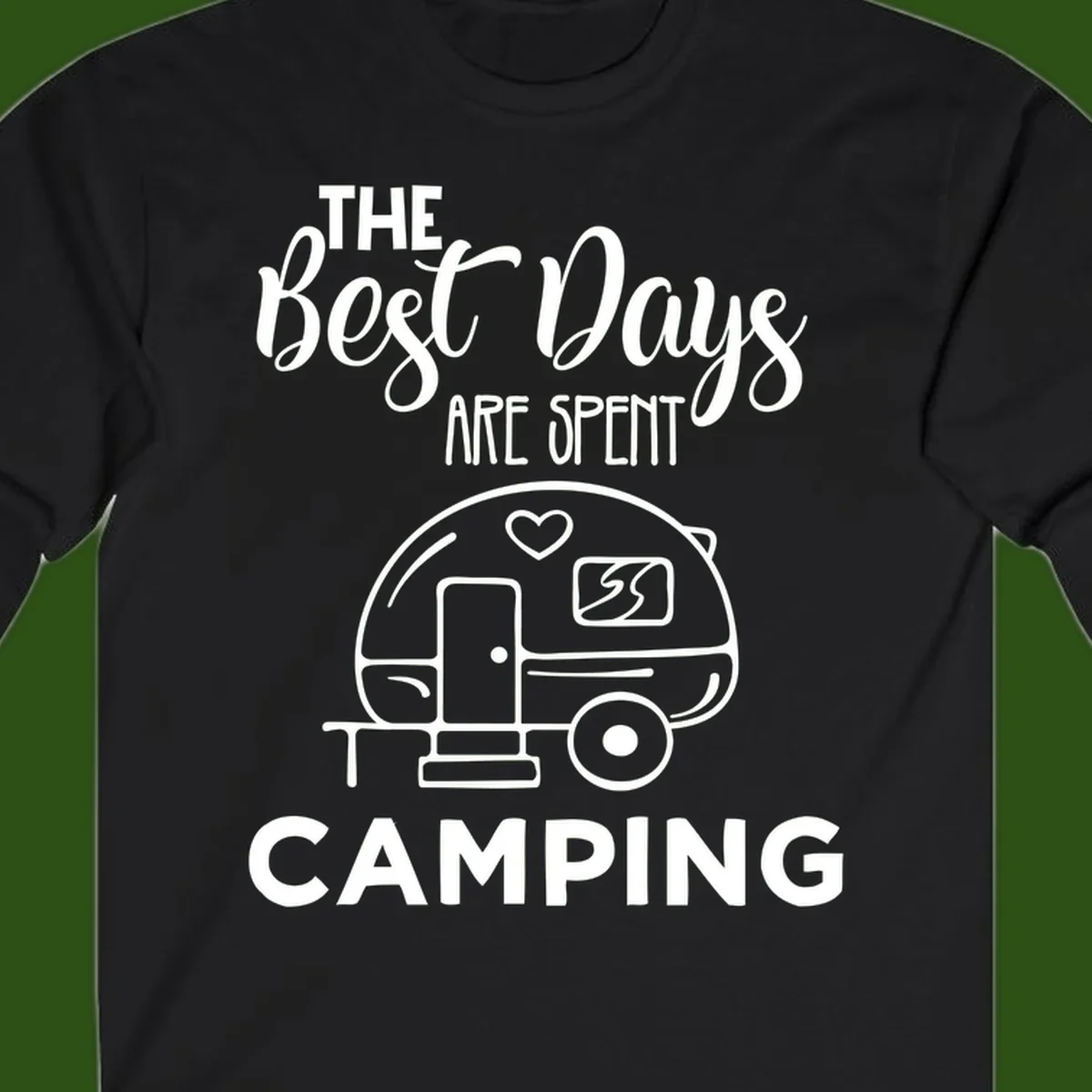 Best days camping design with vintage travel trailer, heart, and picnic table illustration with text