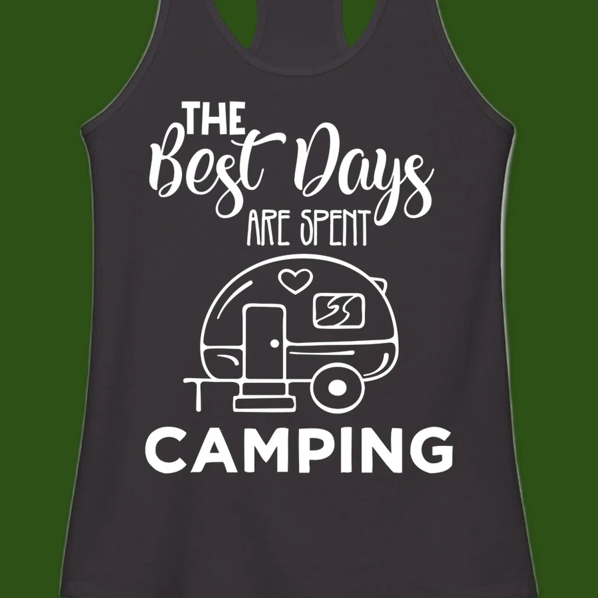 Best days camping design with vintage travel trailer, heart, and picnic table illustration with text