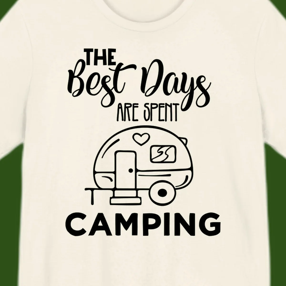 Best days camping design with vintage travel trailer, heart, and picnic table illustration with text