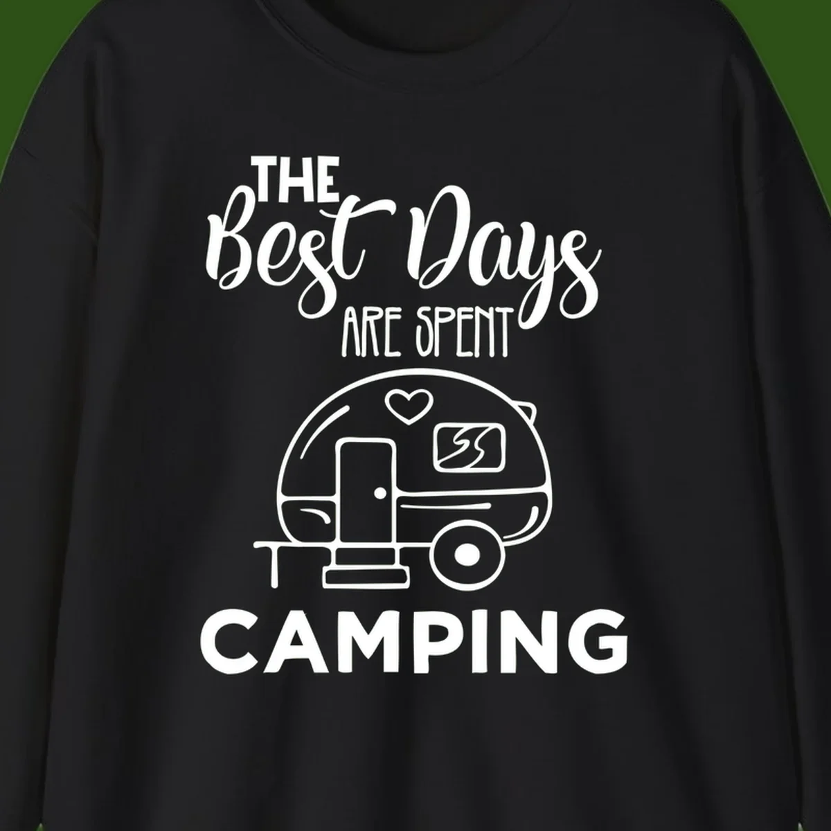 Best days camping design with vintage travel trailer, heart, and picnic table illustration with text