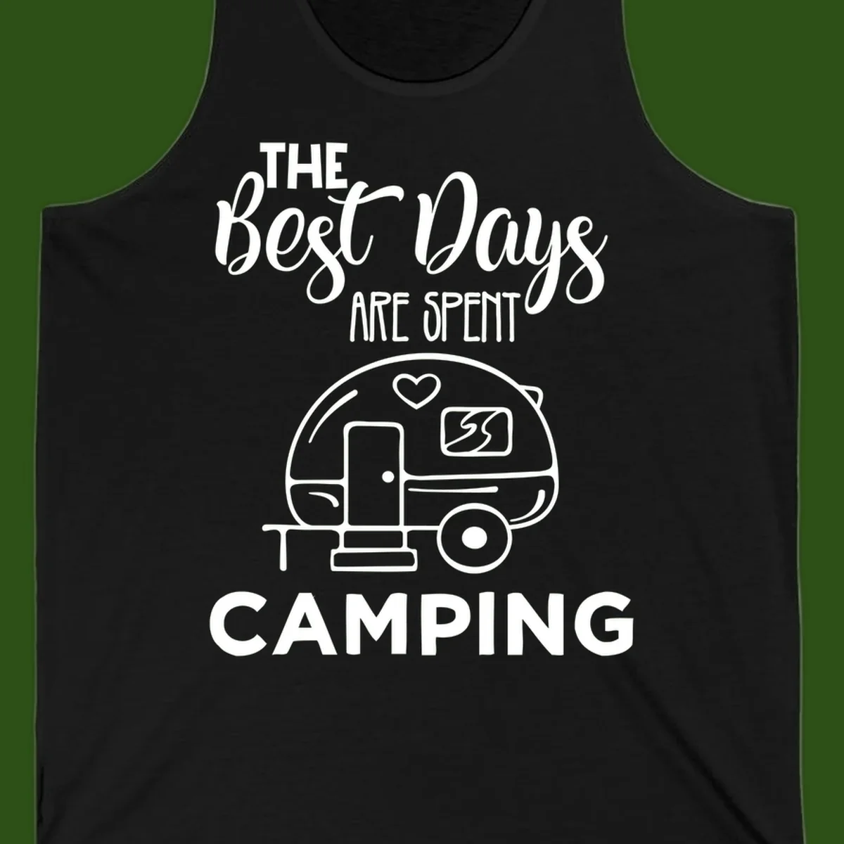 Best days camping design with vintage travel trailer, heart, and picnic table illustration with text