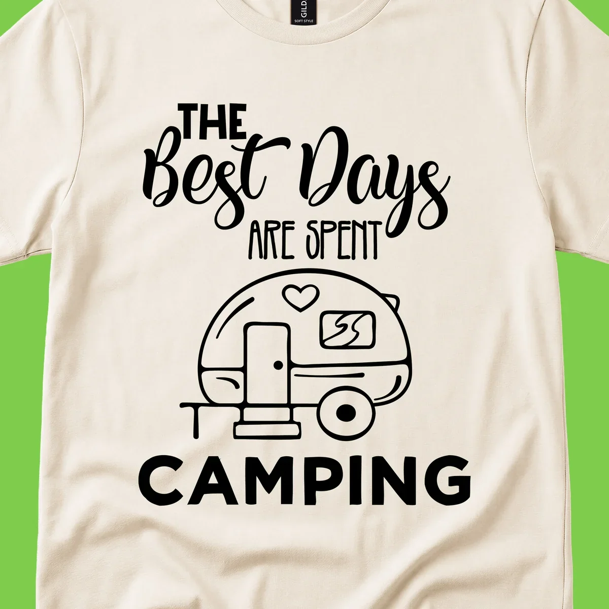 Best days camping design with vintage travel trailer, heart, and picnic table illustration with text