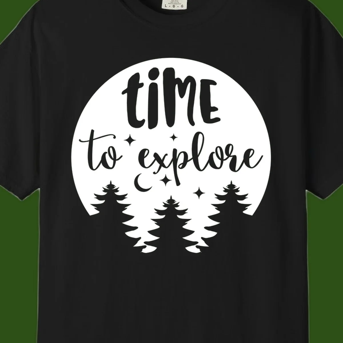 Circular design with 'time to explore' text, crescent moon, pine trees, and stars in gray on white background