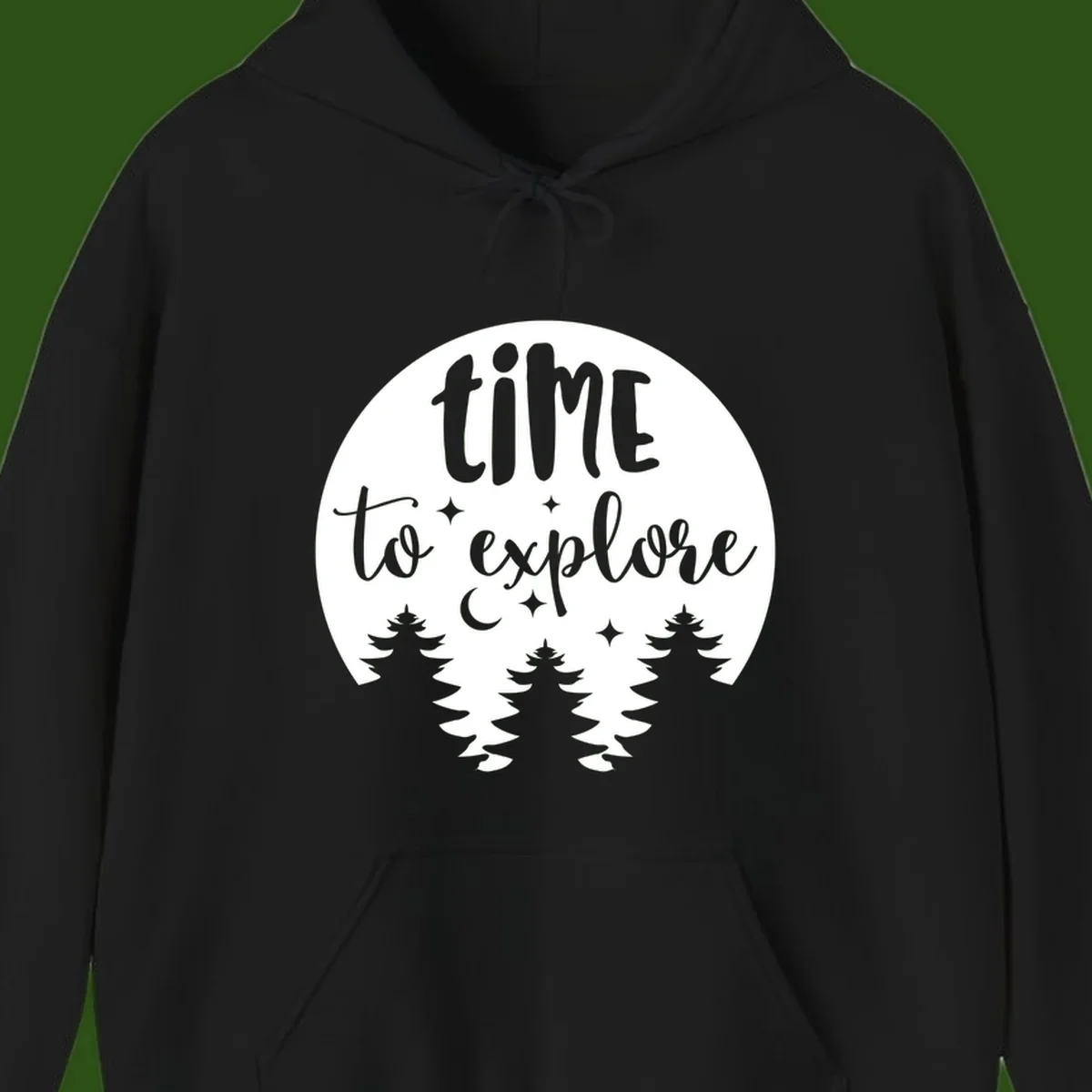 Circular design with 'time to explore' text, crescent moon, pine trees, and stars in gray on white background