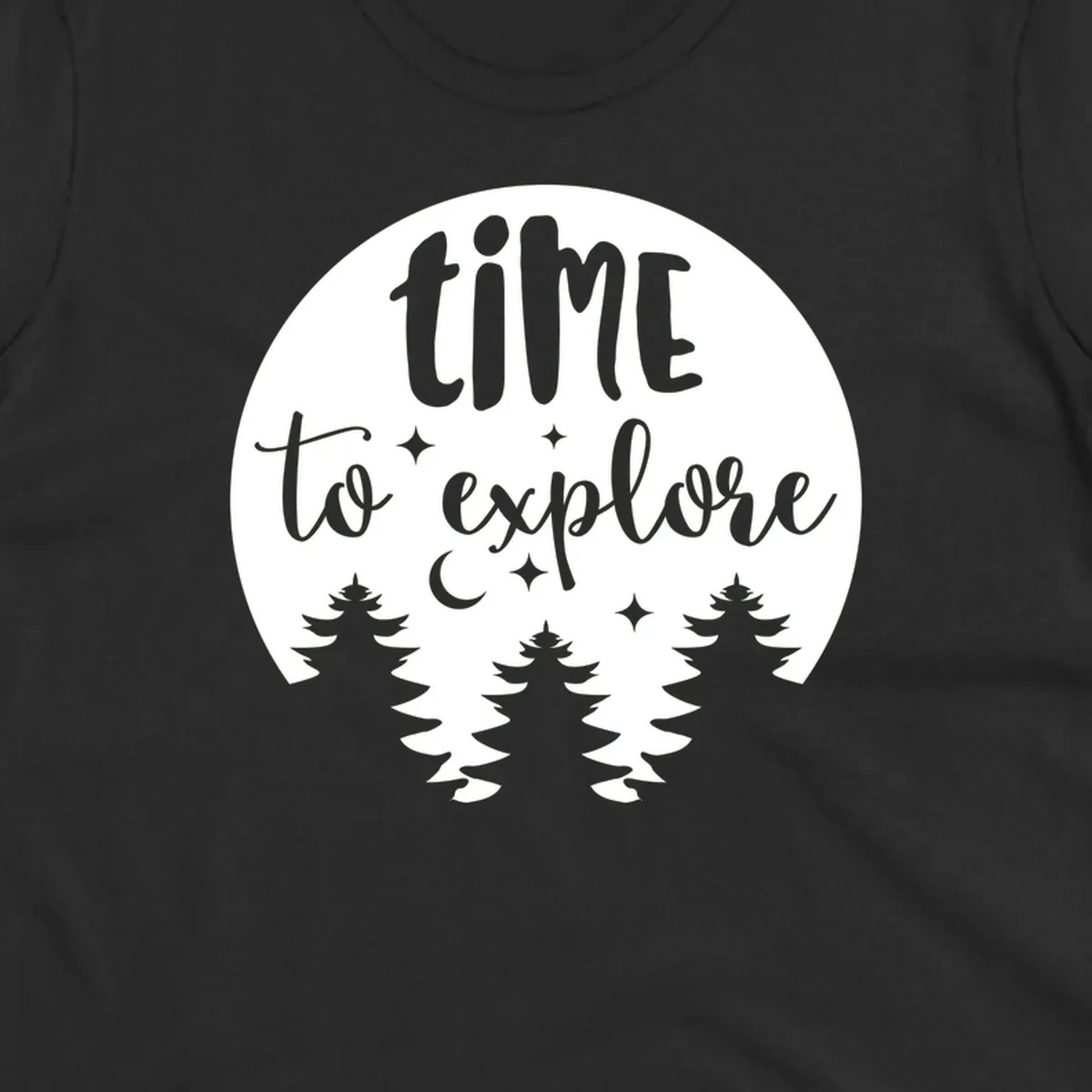 Circular design with 'time to explore' text, crescent moon, pine trees, and stars in gray on white background