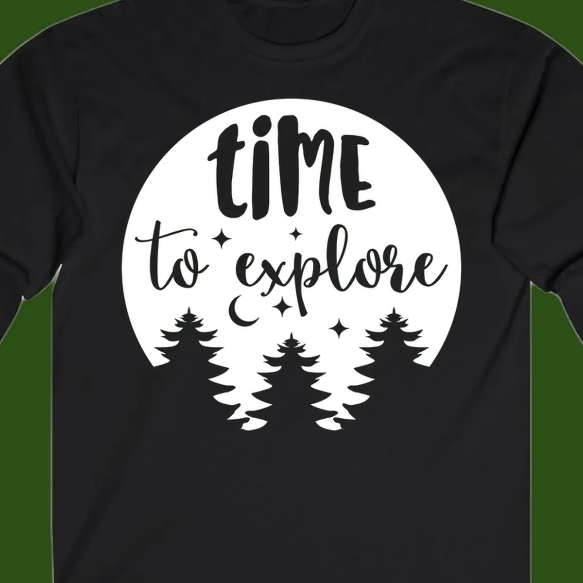 Circular design with 'time to explore' text, crescent moon, pine trees, and stars in gray on white background