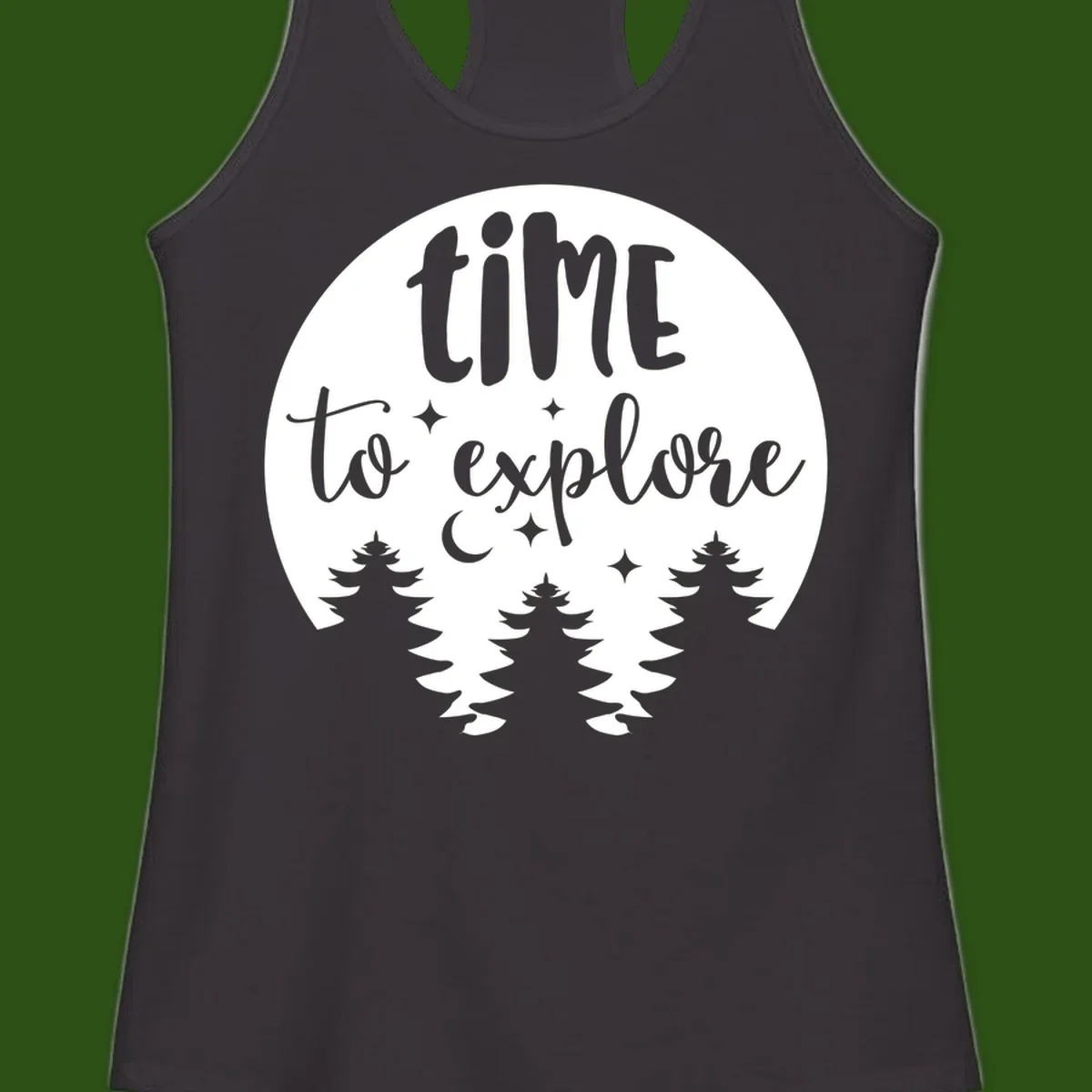 Circular design with 'time to explore' text, crescent moon, pine trees, and stars in gray on white background