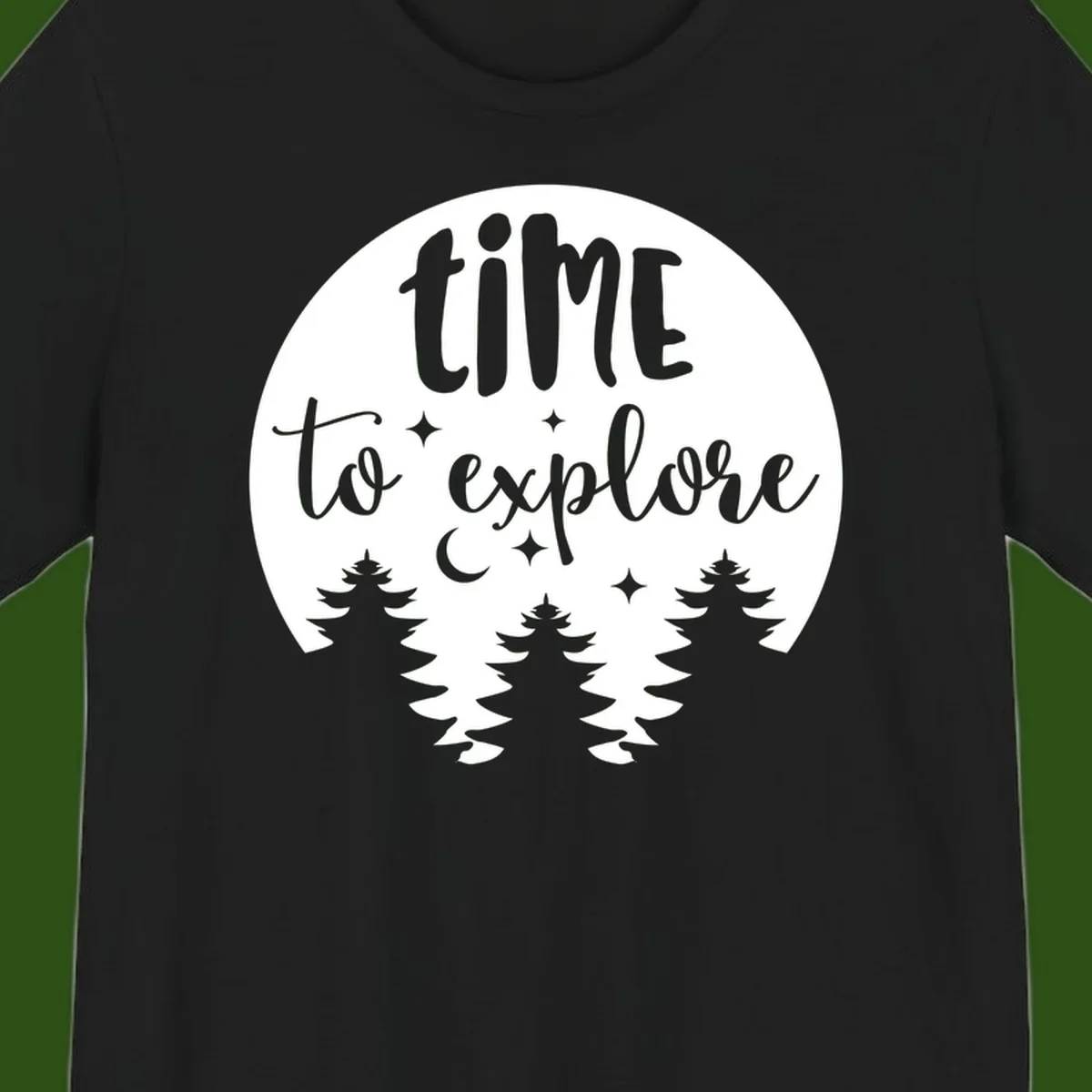 Circular design with 'time to explore' text, crescent moon, pine trees, and stars in gray on white background