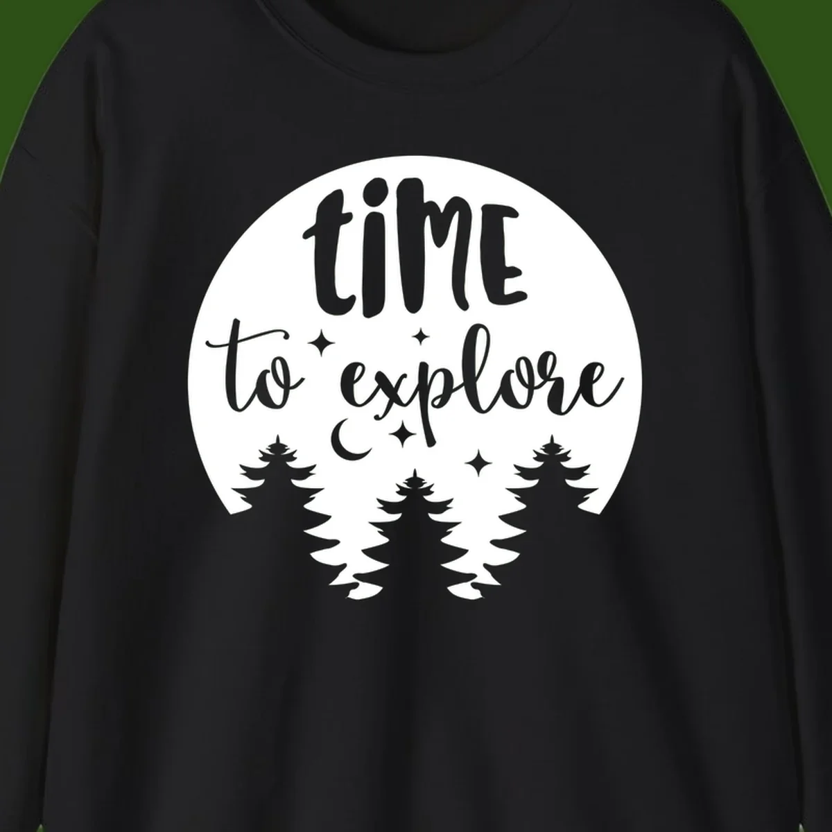 Circular design with 'time to explore' text, crescent moon, pine trees, and stars in gray on white background