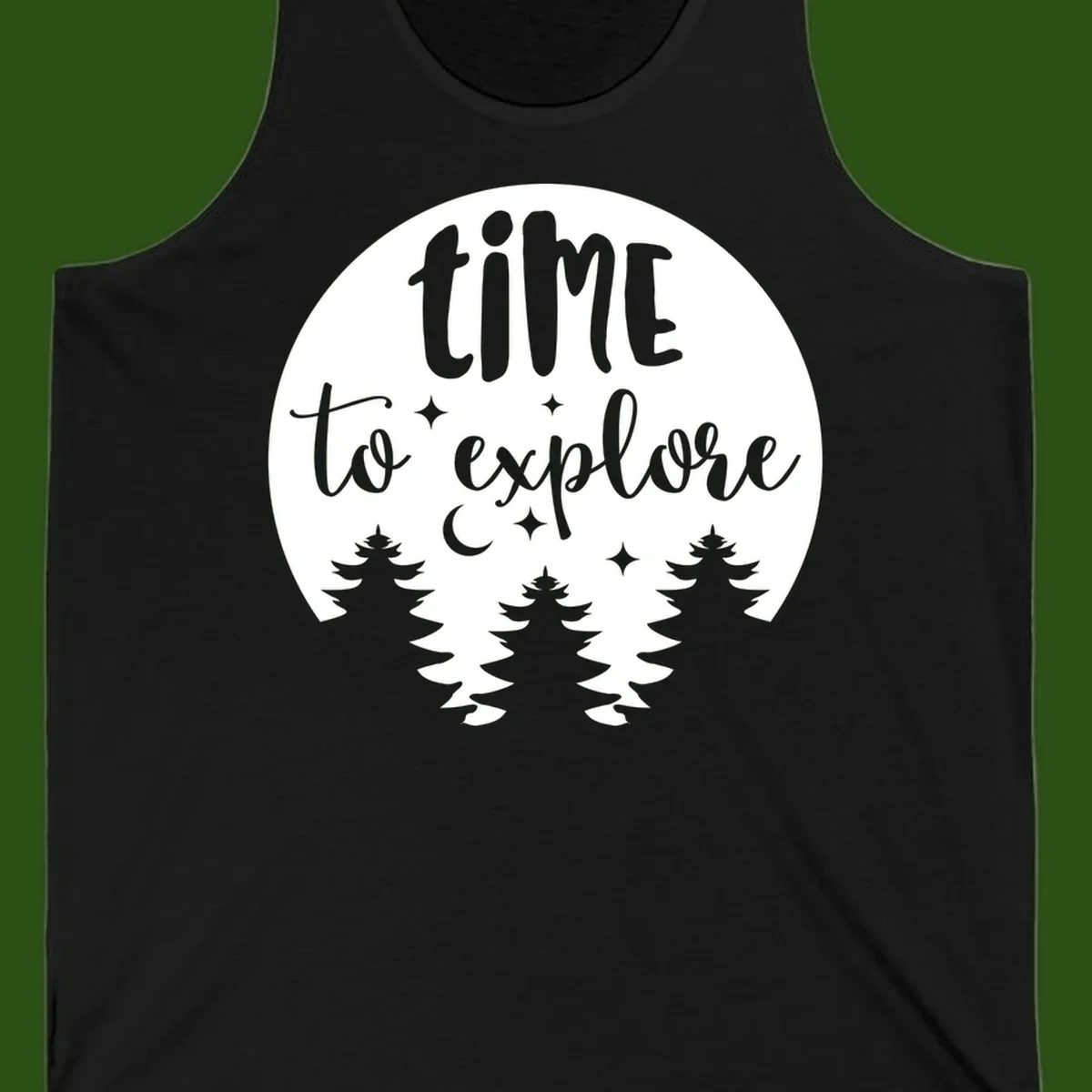 Circular design with 'time to explore' text, crescent moon, pine trees, and stars in gray on white background